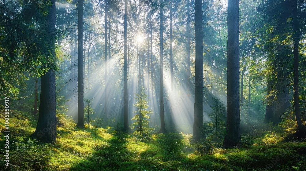 Fototapeta premium A serene forest scene with sunlight streaming through trees, creating a tranquil atmosphere filled with green hues.