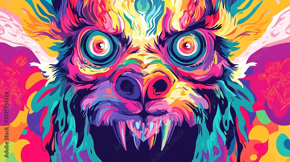 Fototapeta A colorful and detailed illustration of a wolf's face, with sharp teeth and glowing eyes.