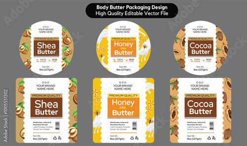Body butter label design, Shea butter Milk honey cocoa butter label packaging design, Skin care cream cosmetic product label design, editable vector illustration template