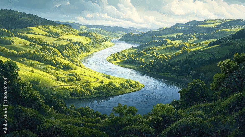 Obraz premium A serene landscape featuring lush hills and a winding river under a dramatic sky, perfect for nature and tranquility themes.