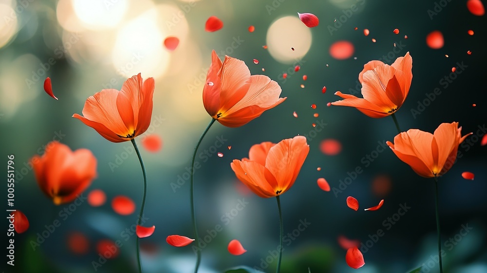 Fototapeta premium Orange Tulips with Falling Petals in a Defocused Background