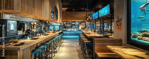 A sustainable seafood restaurant with decor made from ocean-reclaimed materials, offering dishes made from sustainably sourced seafood