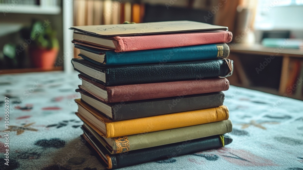 Stack of colorful notebooks on a table, cozy indoor setting, soft lighting. Stack of colorful notebooks on a table, cozy indoor setting, soft lighting.