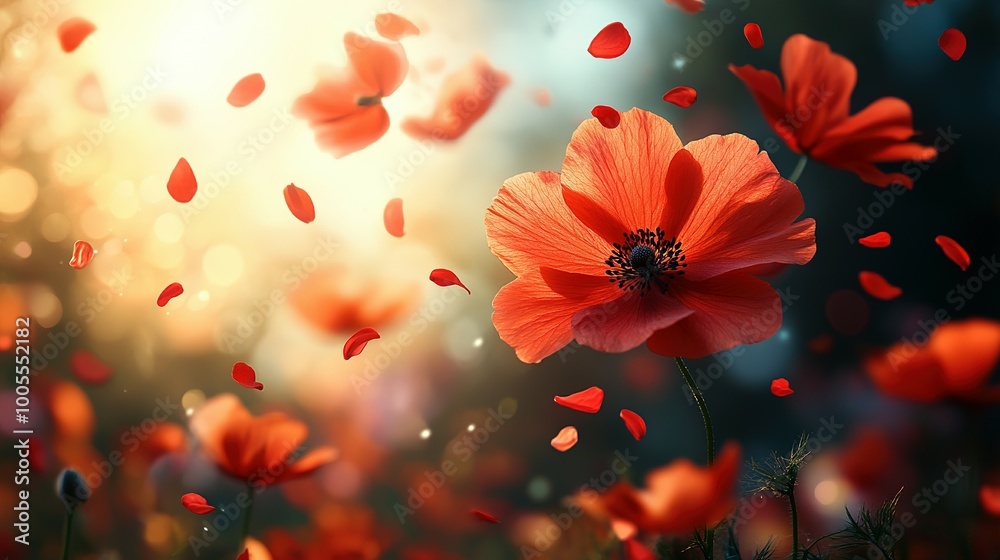 A Single Poppy Flower with Falling Petals in a Field of Poppies A Single Poppy Flower with Falling Petals in a Field of Poppies
