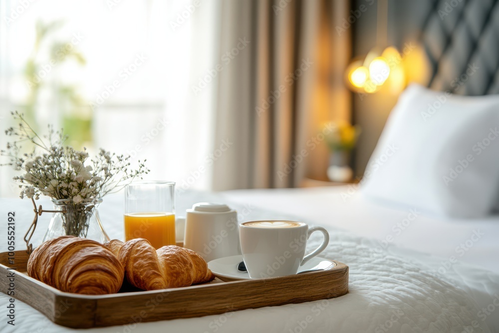 A cozy morning in a hotel with a tray of breakfast treats on a fuzzy bed background A cozy morning in a hotel with a tray of breakfast treats on a fuzzy bed background