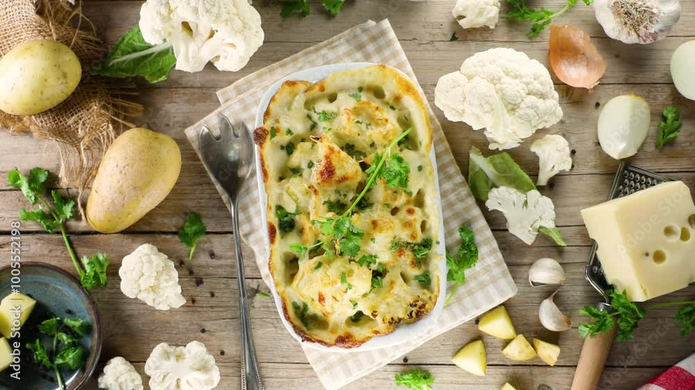 Top view of cauliflower gratin. Ideal for healthy eating, comfort food, and gourmet meal Top view of cauliflower gratin. Ideal for healthy eating, comfort food, and gourmet meal