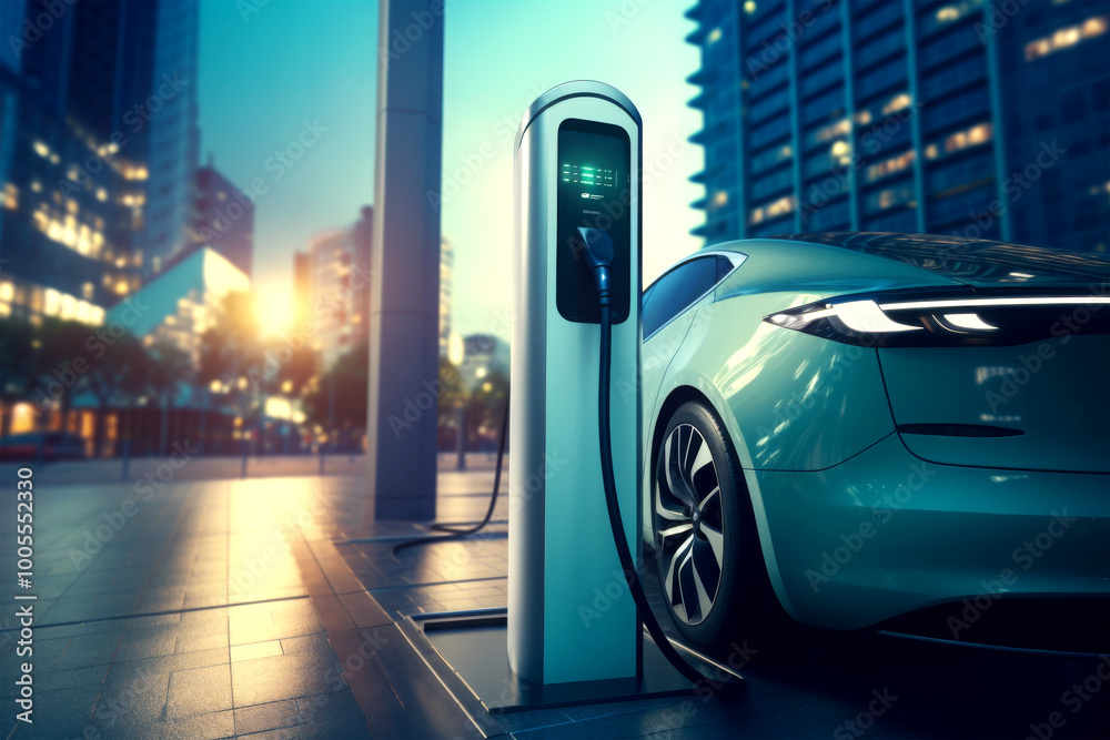 Fototapeta premium electric car charging battery on background