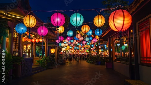 A lively street festival at night with colorful lanterns lighting up the surroundings, creating a dazzling and festive ambiance. Rich colors and festive energy fill the frame.