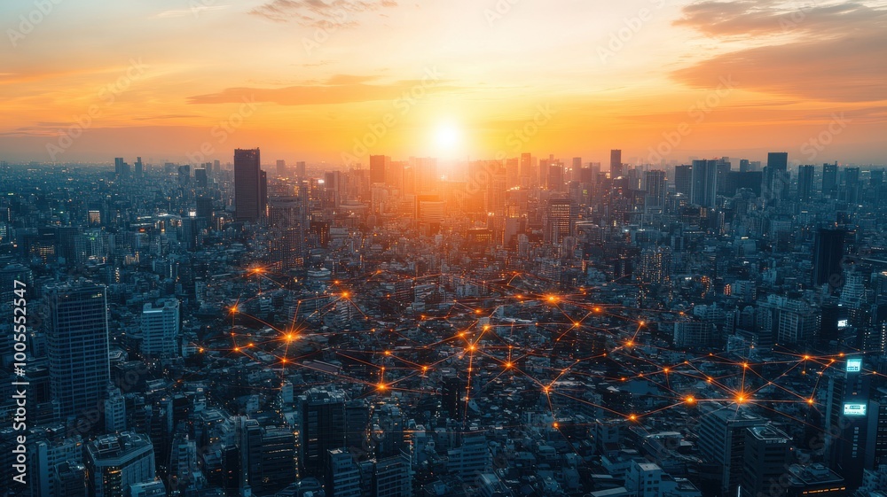 Fototapeta premium Stunning cityscape at sunset with vibrant lights illuminating the skyline.