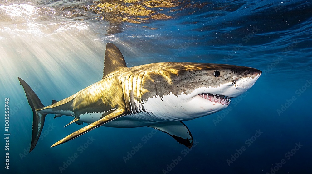 Fototapeta premium A great white shark swims in the ocean with sunlight shining through the water above.