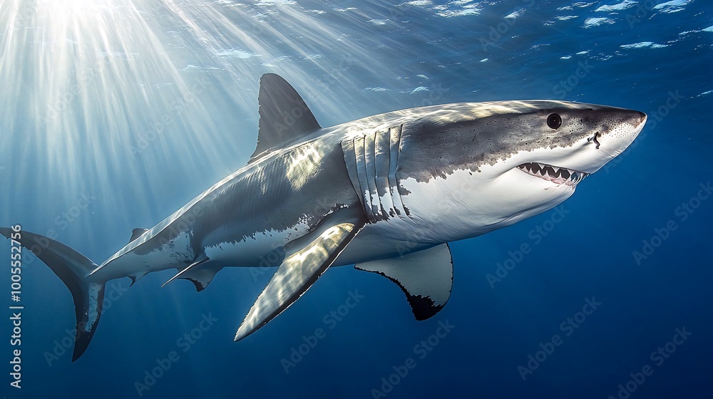 A great white shark swims in the blue ocean with the sun shining through the water.