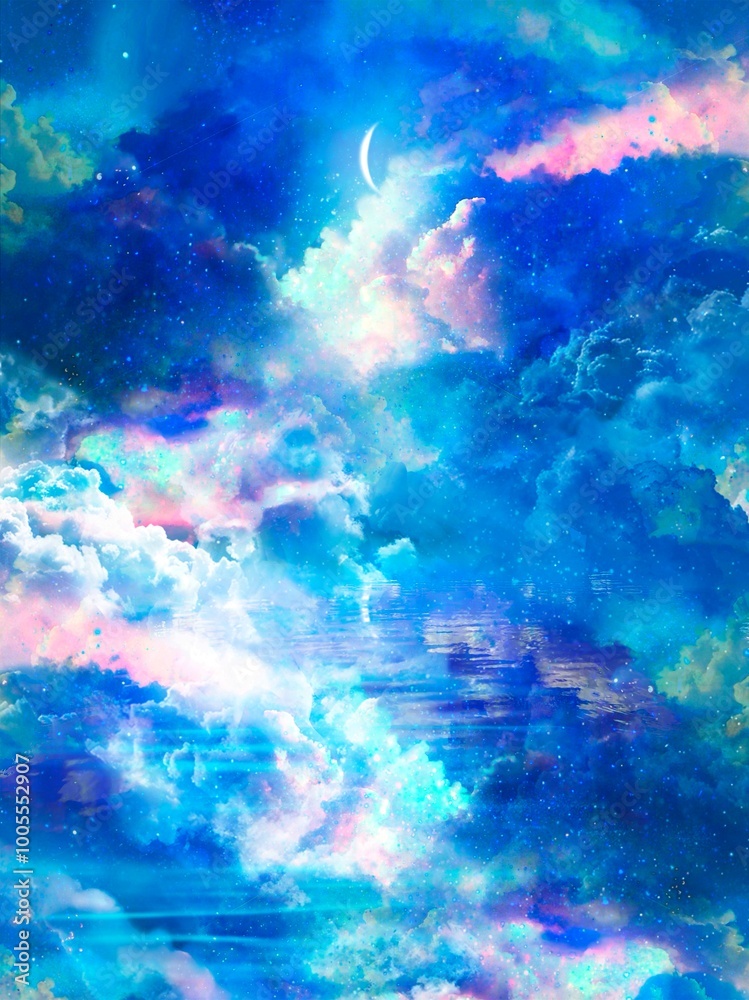 Fototapeta premium Clip art of fantasy background of colorful starry night sky and sea of clouds