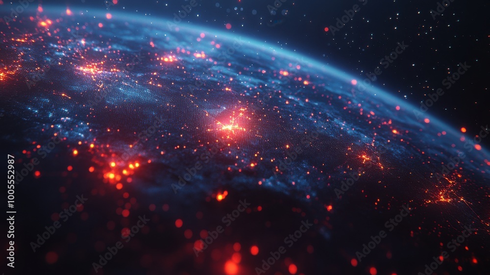 Stunning view of Earth from space with glowing lights and cosmic atmosphere. Stunning view of Earth from space with glowing lights and cosmic atmosphere.