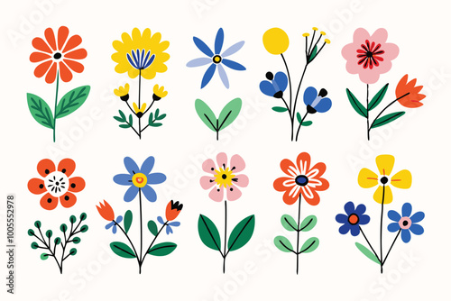 Cute Flowers Set in Flat Vector Style, Simple Shapes, Bold Outlines, High Contrast, Colorful Clip Art
