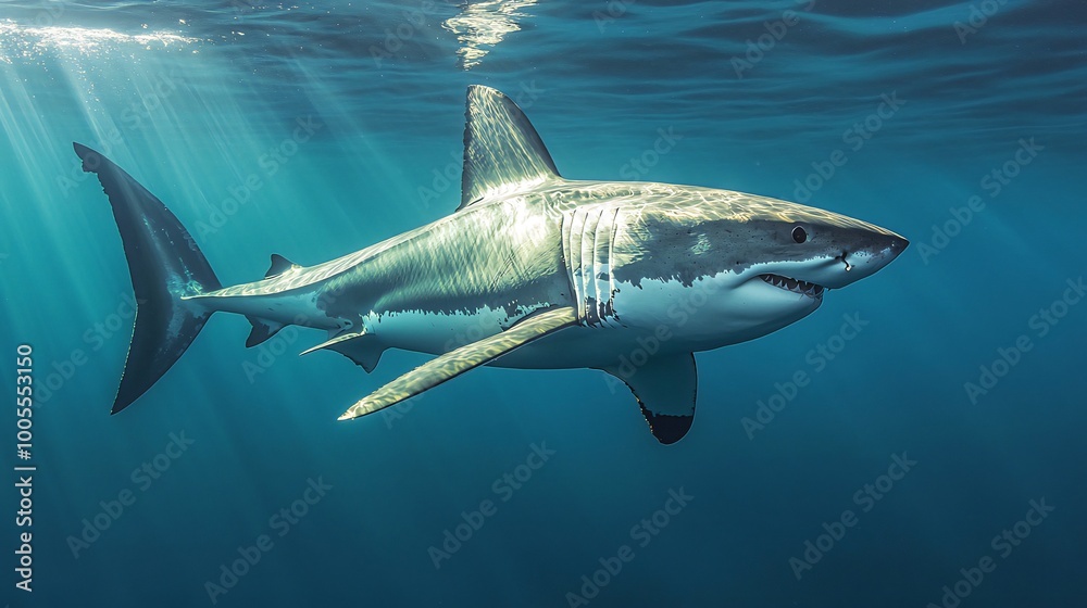 Fototapeta premium A Great White Shark swims gracefully through the clear blue water, bathed in sunlight.