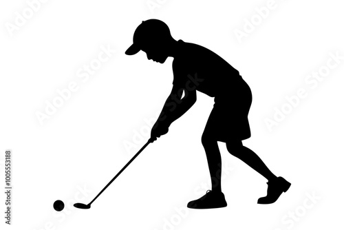 A boy golfer silhouette leans forward vector Illustration silhouette on white background 