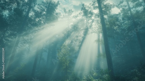 Sunlight filtering through trees in a misty forest, creating an ethereal atmosphere.