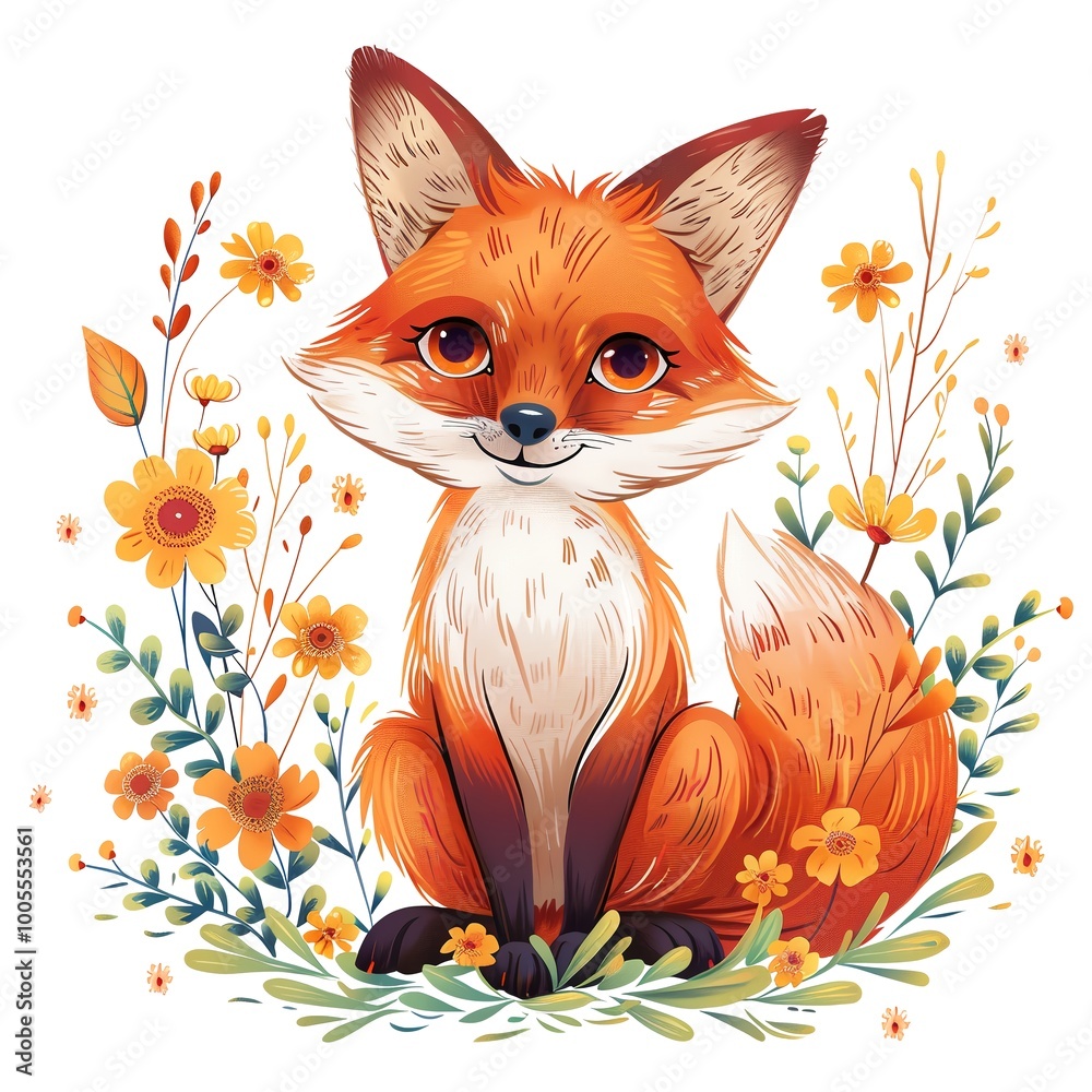 Fototapeta premium Fox with flowers. TShirt Sticker. Adorable illustration of a cute fox with flowers. AI generated