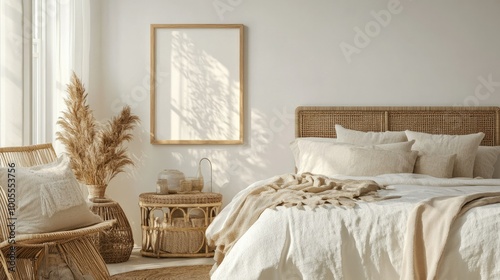 Mockup frame on a white wall in a cozy bedroom with natural rattan furniture, soft bedding, and warm decor, perfect for showcasing artwork in a boho style.