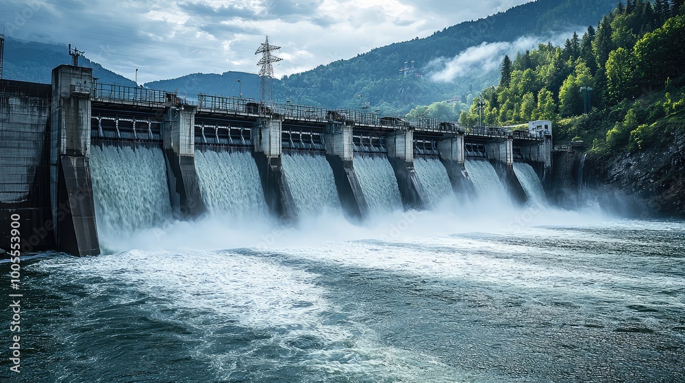A serene view of a hydroelectric dam releasing water, surrounded by lush mountains and a cloudy sky, showcasing nature and engineering. A serene view of a hydroelectric dam releasing water, surrounded by lush mountains and a cloudy sky, showcasing nature and engineering.