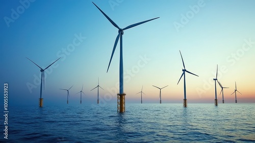 A serene view of offshore wind turbines silhouetted against a colorful sunset over calm waters, symbolizing renewable energy.