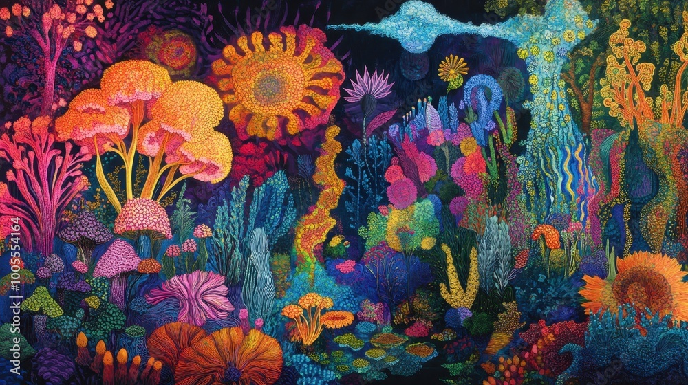 Fototapeta premium A Vibrant and Surreal Garden of Abstract Flowers and Plants