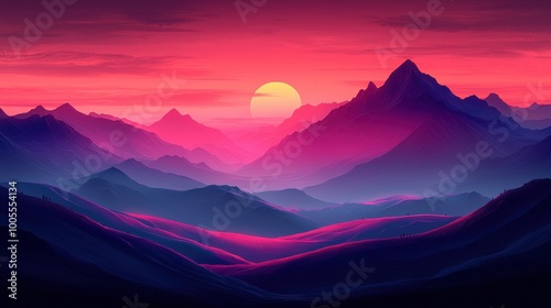 Vibrant sunset over layered mountain ranges creating a serene landscape filled with rich colors in the twilight sky