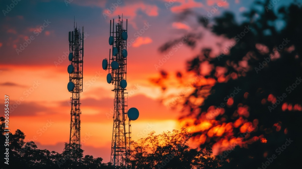 Fototapeta premium Telecommunication towers silhouetted against a colorful sunset sky.