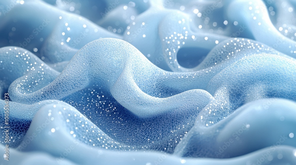 Wavy blue fabric with sparkling texture creates a serene atmosphere in soft lighting Wavy blue fabric with sparkling texture creates a serene atmosphere in soft lighting