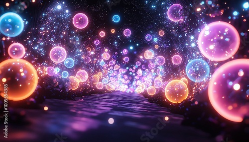 Glowing rainbowcolored bubbles floating in a dark space, playful glowtime, joyful and whimsical