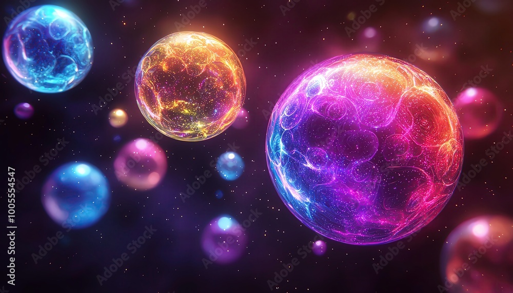 Fototapeta premium Glowing rainbowcolored bubbles floating in a dark space, playful glowtime, joyful and whimsical