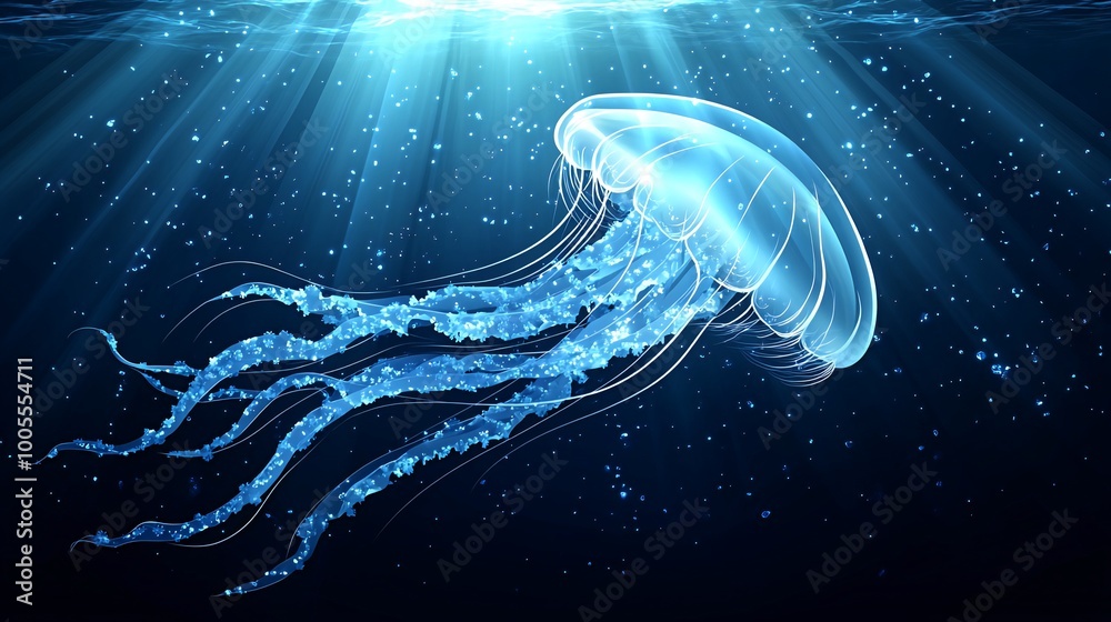 Fototapeta premium A glowing blue jellyfish swims in a dark blue ocean with beams of light shining down from above.