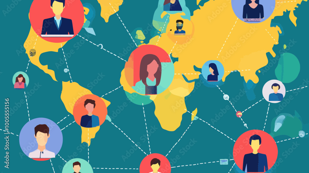Global Social Media Communication Network Vector Art with Diverse Profiles and World Map Representation for Networking, Connection, and Online Interaction Themes Global Social Media Communication Network Vector Art with Diverse Profiles and World Map Representation for Networking, Connection, and Online Interaction Themes