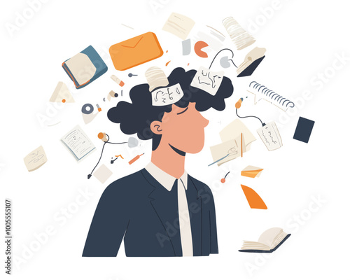 Ambitious Businessman Clearing Mind for Focus and Creativity, Decluttering Anxiety, Flat Minimalist SVG Vector