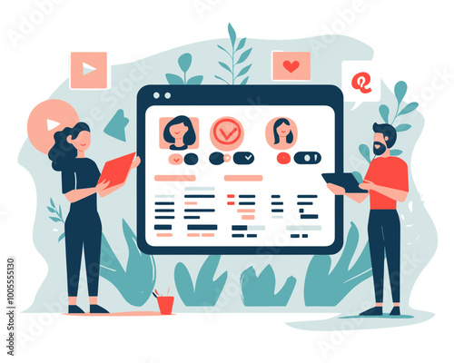 Business Analysts Evaluating Customer Sentiment Dashboard for Feedback and Brand Reputation Analysis in Minimalist Flat Style Vector