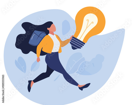 Businesswoman with Lightbulb Jetpack Flying High for Idea Innovation and Business Success Goal in Minimalist Vector Style