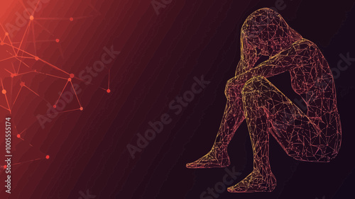 Depressed Woman in Low Poly Wireframe Art Sitting Alone, Representing Psychological Struggle, Mental Health, and Depression in Minimalist 3D Vector Mesh Illustrative Design with Connected Lines