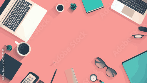 Flat Lay Modern Office Desk with Laptop, Coffee, Notebook, Glasses, and Office Supplies, Top View Workspace Banner for Business and Productivity Concepts