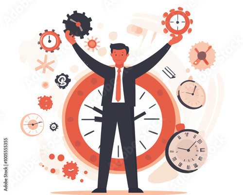 Businessman Juggling Project Management Elements for Quality Product Delivery in Agile Development Cycle, Balancing Resources and Time in Flat Minimalist Vector Illustration