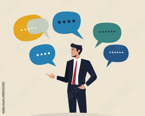 Confident Businessman Engaging in Public Speaking with Multiple Speech Bubbles Illustration - Verbal Communication and Storytelling Concept