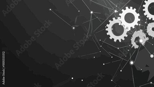 Abstract Grey Gears With Polygonal Lines and Connecting Dots on Black Background - Minimalist Low Poly Science and Technology Concept Vector