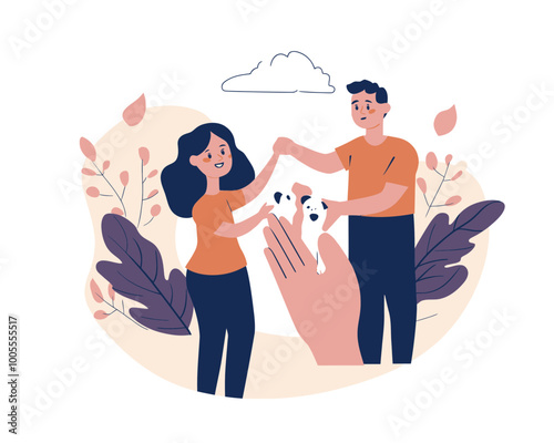 Family Safety and Life Insurance Concept: Parents with Daughter and Dog in Protective Hands, Minimalist SVG Vector photo