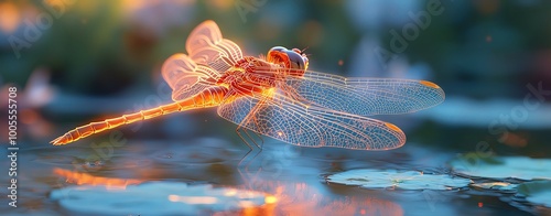 A glowing dragonfly hovering over a still pond, nature s glowtime, delicate and beautiful photo