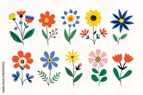 Cute Flowers Set in Flat Vector Style, Simple Shapes, Bold Outlines, High Contrast, Colorful Clip Art