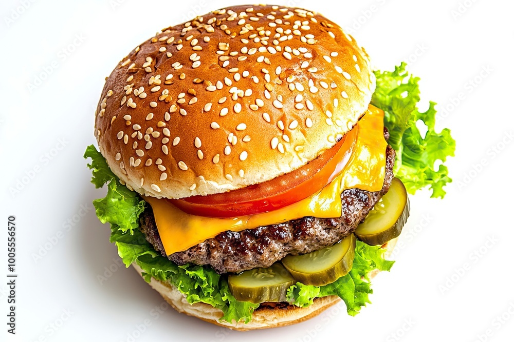 Cheeseburger, top view, isolated on white background, with a juicy beef patty, melted cheddar cheese, fresh lettuce, ripe tomato slices, and pickles, generative ai Cheeseburger, top view, isolated on white background, with a juicy beef patty, melted cheddar cheese, fresh lettuce, ripe tomato slices, and pickles, generative ai