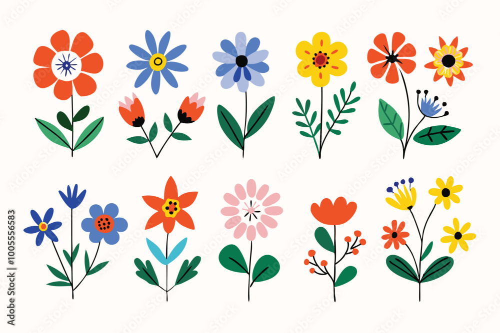custom made wallpaper toronto digitalCute Flowers Set in Flat Vector Style, Simple Shapes, Bold Outlines, High Contrast, Colorful Clip Art