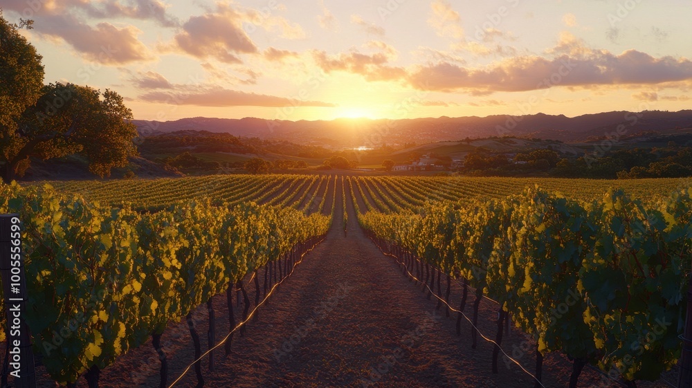 Fototapeta premium Tranquil vineyard landscape at sunset with lush grapevines and scenic hills.