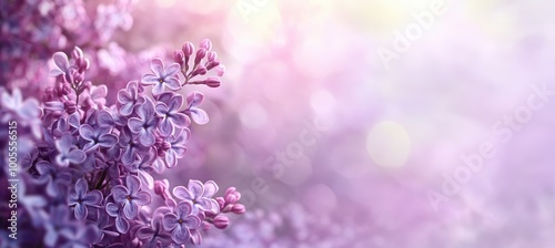 Purple lilac flowers in spring on a bright fuzzy background