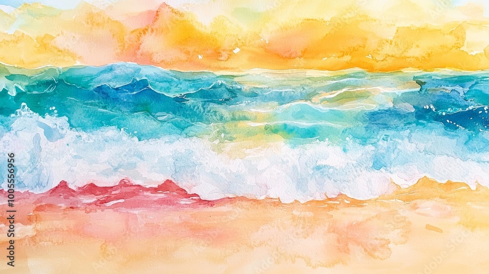 Watercolor painting of ocean waves and sandy Watercolor painting of ocean waves and sandy