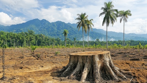 Tree stump in deforested area with mountains and palm trees in background, clear sky.